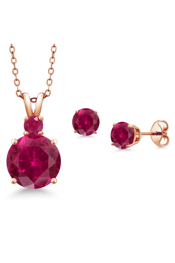 18K Rose Gold Plated Silver 10MM and 5MM Round Red Created Ruby Pendant and Earrings Jewelry Set for Women (5.45 Cttw, Gemstone Birthstone, with 18 inch Chain)