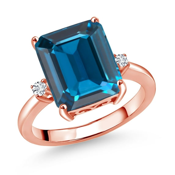 Gem Stone King 18K Rose Gold Plated Silver 12X10MM London Blue Topaz and 2MM White Lab Grown Diamond 3 Stone Engagement Ring for Women | 7.58 Cttw | Gemstone November Birthstone | Size 9