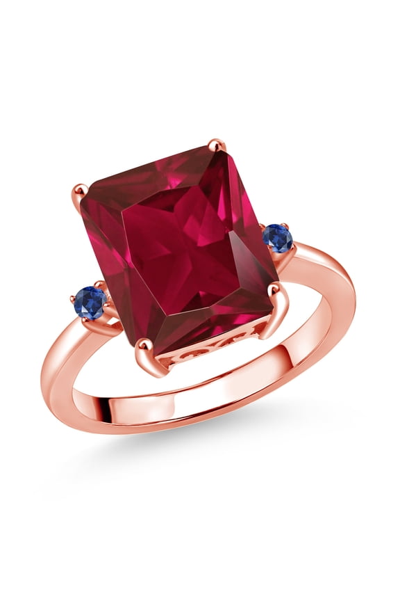 18K Rose Gold Plated Silver 12X10MM Red Created Ruby and 2MM Blue Created Sapphire 3 Stone Engagement Ring for Women | 5.79 Cttw | Gemstone July Birthstone | Size 9