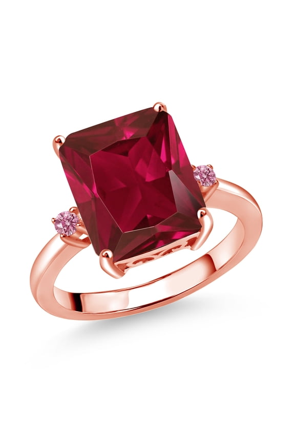 18K Rose Gold Plated Silver 12X10MM Red Created Ruby and 2MM Pink Lab Grown Diamond 3 Stone Engagement Ring for Women | 5.78 Cttw | Gemstone July Birthstone | Size 9