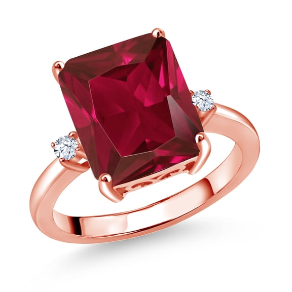 Gem Stone King 18K Rose Gold Plated Silver 12X10MM Red Created Ruby 3 Stone Engagement Ring for Women | 5.76 Cttw | Gemstone July Birthstone | Size 9