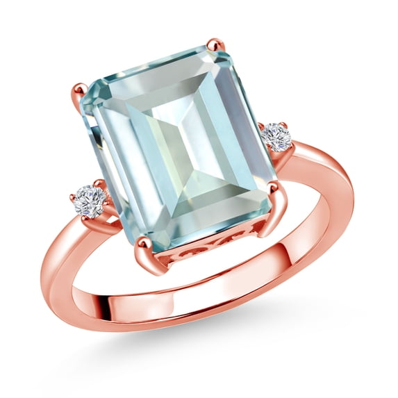 Gem Stone King 18K Rose Gold Plated Silver 12X10MM Sky Blue Simulated Aquamarine and 2MM White Lab Grown Diamond 3 Stone Engagement Ring for Women | 5.49 Cttw | Gemstone March Birthstone | Size 7