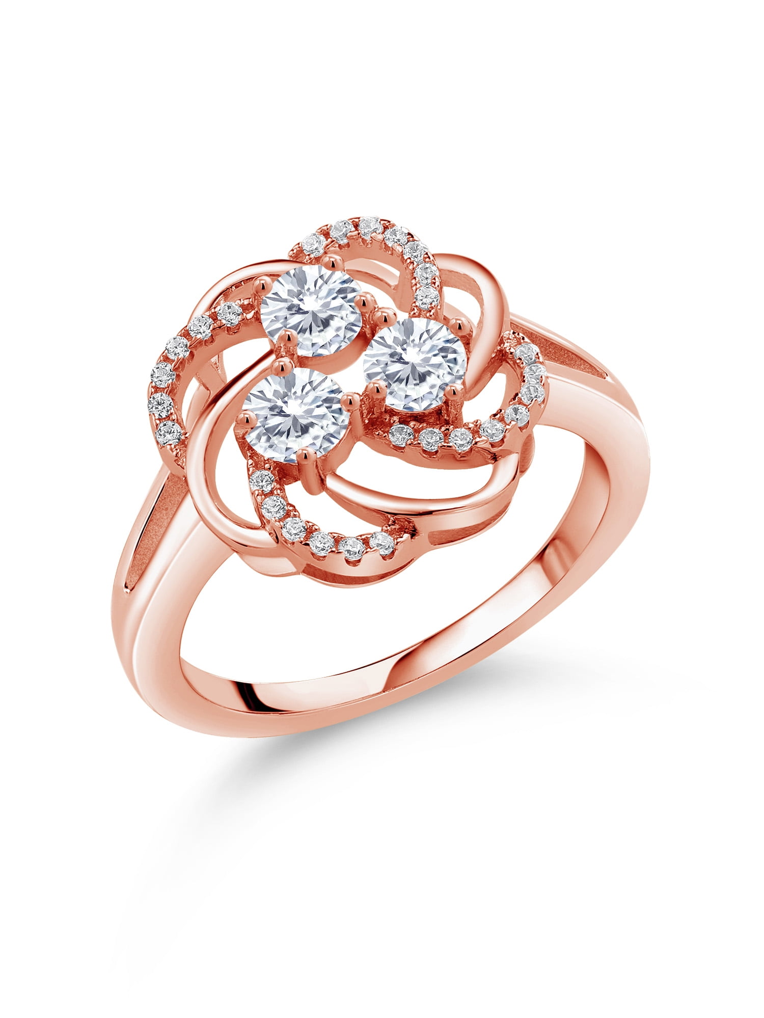 Gem Stone King 18K Rose Gold Plated Silver 3-Stone 3-Stone Flower Ring Set  with Forever Classic Very Light IJK Moissanite from Charles & Colvard (0.91  Cttw) 