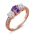 thumbnail image 1 of Gem Stone King 18K Rose Gold Plated Silver 3-Stone Ring Amethyst Moissanite(1.87 Cttw) (Size 6), 1 of 4