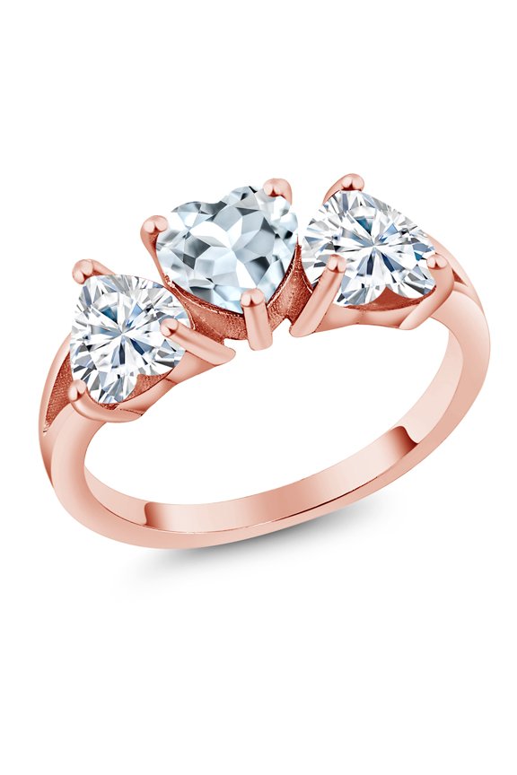 18K Rose Gold Plated Silver 3-Stone Ring Heart Shape Sky Blue Aquamarine and Moissanite (2.33 Cttw, Size 7)