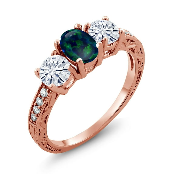 Gem Stone King 18K Rose Gold Plated Silver 3-Stone Ring Cabochon Simulated Opal Moissanite(1.75 Cttw) (Size 7)