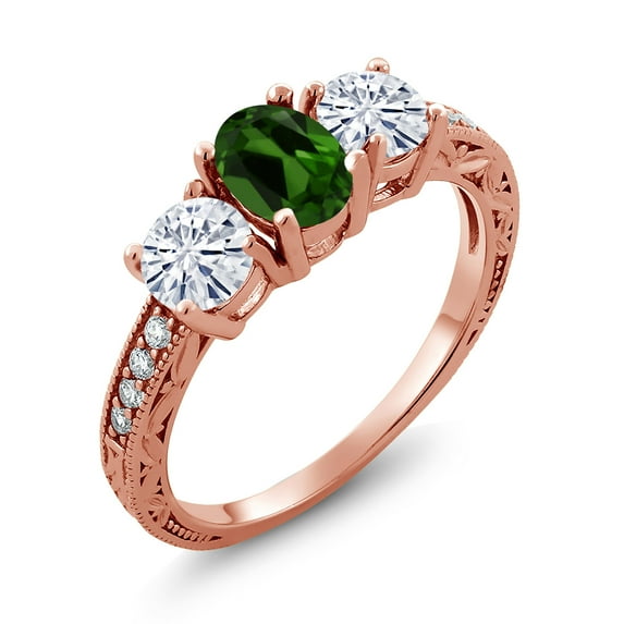 Gem Stone King 18K Rose Gold Plated Silver 3-Stone Ring Chrome Diopside Moissanite(1.82 Cttw) (Size 7)