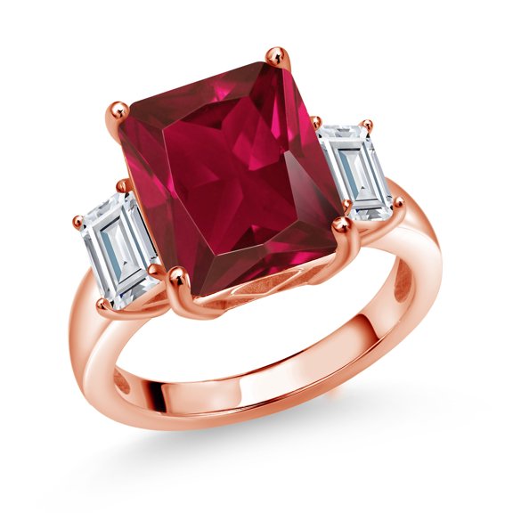 Gem Stone King 18K Rose Gold Plated Silver 3-Stone Ring Octagon Red Created Ruby and Moissanite (6.84 Cttw, Size 9)
