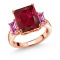thumbnail image 1 of Gem Stone King 18K Rose Gold Plated Silver 3-Stone Ring Octagon Red Created Ruby and Vivid Pink Moissanite (6.84 Cttw, Size 7), 1 of 3