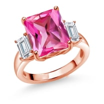 Gem Stone King 18K Rose Gold Plated Silver 3-Stone Ring Set with Octagon Pink Created Sapphire and Moissanite (7.76 Cttw, Size 8)