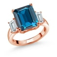 thumbnail image 1 of Gem Stone King 18K Rose Gold Plated Silver 3-Stone Ring Set with Emerald Cut London Blue Topaz and Moissanite (8.66 Cttw, Size 5), 1 of 3