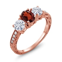 Gem Stone King 18K Rose Gold Plated Silver 3-Stone Ring Garnet Moissanite(1.99 Cttw) (Size 7)