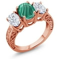 thumbnail image 1 of Gem Stone King 18K Rose Gold Plated Silver 3-Stone Ring Oval Green Malachite and Moissanite (4.30 Cttw, Size 9), 1 of 3