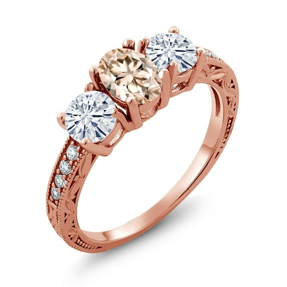 Gem Stone King 18K Rose Gold Plated Silver 3-Stone Ring Morganite Moissanite(1.77 Cttw) (Size 6)