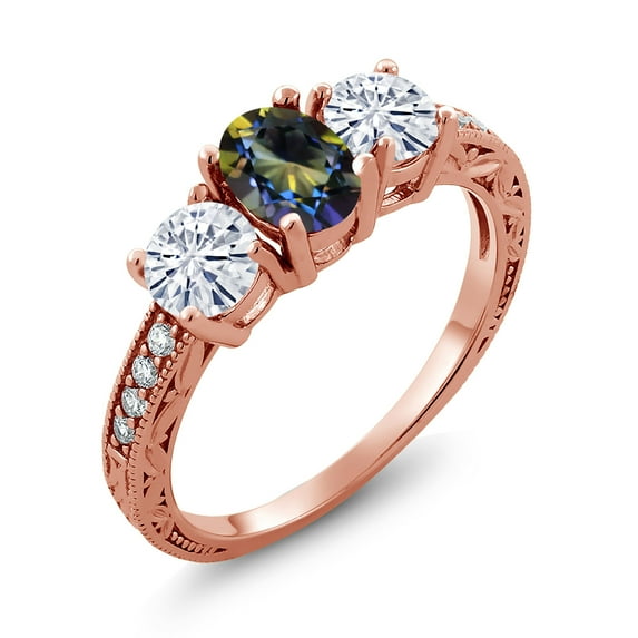 Gem Stone King 18K Rose Gold Plated Silver 3-Stone Ring Mystic Topaz Moissanite(2.07 Cttw) (Size 8)
