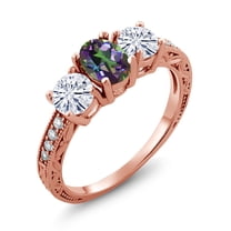 Gem Stone King 18K Rose Gold Plated Silver 3-Stone Ring Mystic Topaz Moissanite(2.12 Cttw) (Size 6)
