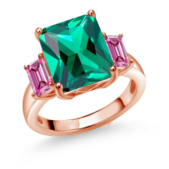 Gem Stone King 18K Rose Gold Plated Silver 3-Stone Ring Emerald Cut Green Nano Emerald and Vivid Pink Moissanite (6.62 Cttw, Size 6)