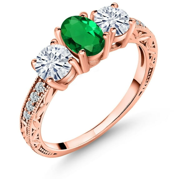 Gem Stone King 18K Rose Gold Plated Silver 3-Stone Ring Oval Nano Emerald Moissanite (1.72 Cttw)