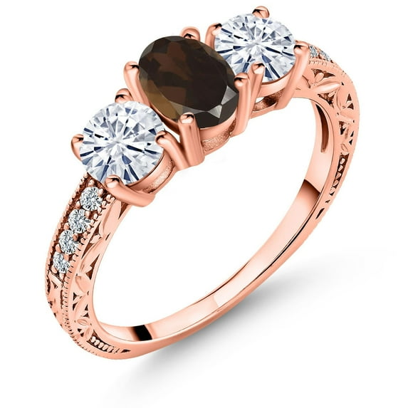 Gem Stone King 18K Rose Gold Plated Silver 3-Stone Ring Oval Smoky Quartz Moissanite (1.87 Cttw)