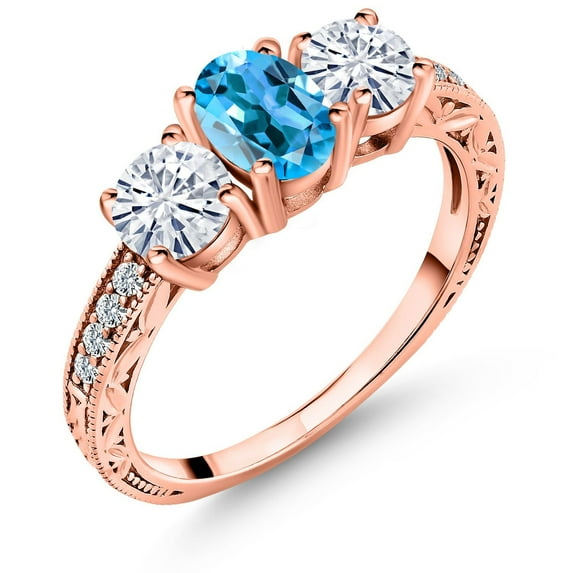 Gem Stone King 18K Rose Gold Plated Silver 3-Stone Ring Oval Topaz Moissanite (2.12 Cttw)