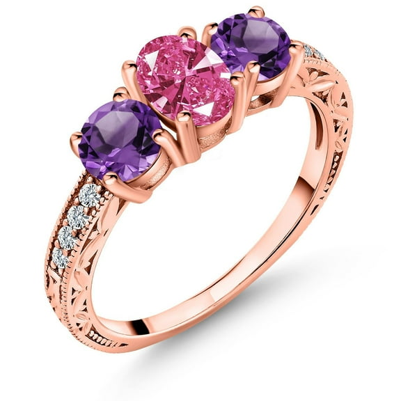 Gem Stone King 18K Rose Gold Plated Silver 3-Stone Ring Purple Amethyst and Set with Pink Zirconia (Size 8)