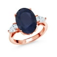 thumbnail image 1 of Gem Stone King 18K Rose Gold Plated Silver 3-Stone Ring Sapphire Moissanite (7.37 Cttw), 1 of 6