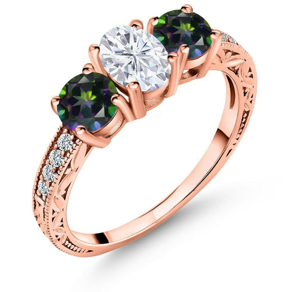 Gem Stone King 18K Rose Gold Plated Silver 3-Stone Ring Set with Oval Moissanite and Mystic Topaz (2.12 Cttw, Size 8)