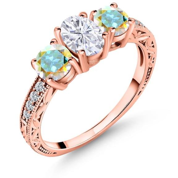 Gem Stone King 18K Rose Gold Plated Silver 3-Stone Ring Set with Oval Moissanite and Mystic Topaz (2.12 Cttw, Size 6)