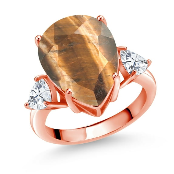 Gem Stone King 18K Rose Gold Plated Silver 3-Stone Ring Pear Shape Brown Tiger Eye and Moissanite (7.94 Cttw, Size 7)