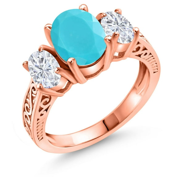 Gem Stone King 18K Rose Gold Plated Silver 3-Stone Ring Turquoise Moissanite (2.50 Cttw)
