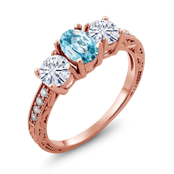 Gem Stone King 18K Rose Gold Plated Silver 3-Stone Ring Zircon Moissanite(2.37 Cttw) (Size 7)