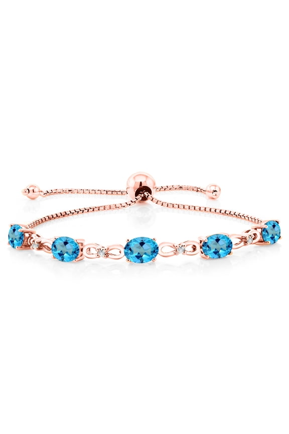 18K Rose Gold Plated Silver American Blue Mystic Topaz and White Lab Grown Diamond Tennis Bracelet for Women (5.02 Cttw, Gemstone Birthstone, Oval 7x5MM, Fully Adjustable up to 9 inch)