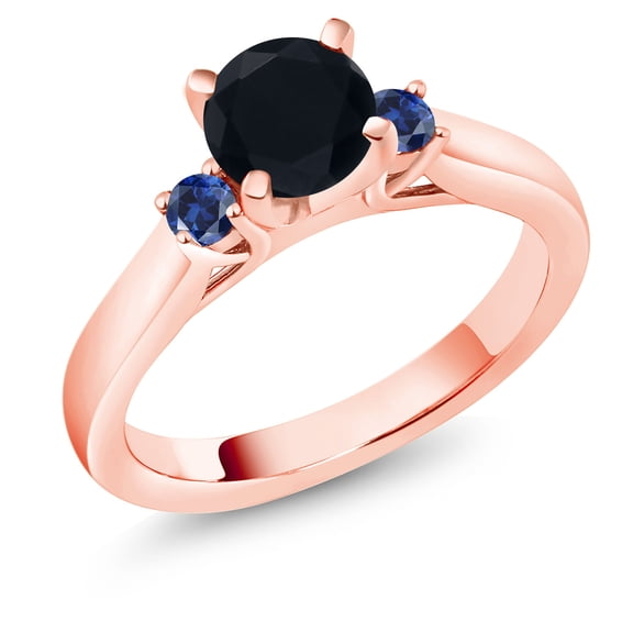 Gem Stone King 18K Rose Gold Plated Silver Black Onyx and Blue Created Sapphire 3-Stone Engagement Ring for Women (0.90 Cttw, Round 6MM, Gemstone December Birthstone, Size 5)
