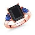 thumbnail image 1 of Gem Stone King 18K Rose Gold Plated Silver Black Onyx and Blue Created Sapphire 3 Stone Ring for Women (6.85 Cttw, Octagon 12X10MM, Trillion 5X5MM, Gemstone December Birthstone, Size 9), 1 of 3