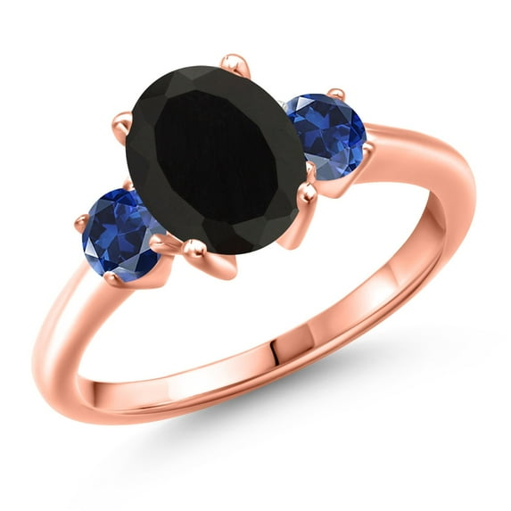 Gem Stone King 18K Rose Gold Plated Silver Black Onyx and Blue Created Sapphire Engagement Ring for Women | 2.50 Cttw | Oval 9X7MM | Gemstone December Birthstone | Size 8