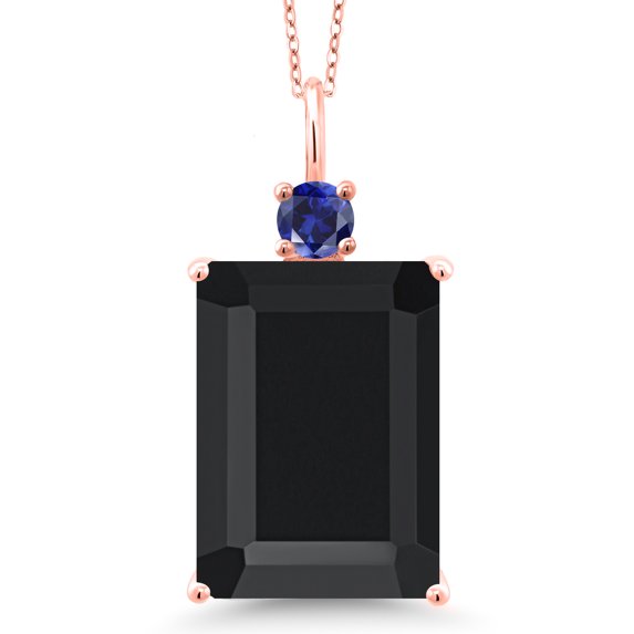 Gem Stone King 18K Rose Gold Plated Silver Black Onyx and Blue Created Sapphire Pendant Necklace for Women (15.33 Cttw, Emerald Cut 18X13MM, With 18 inch Silver Chain)