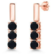 GEM STONE KING 18K Rose Gold Plated Silver Black Onyx Drop Dangle Earrings for Women | 1.43 Cttw | Gemstone December Birthstone | Round 5MM