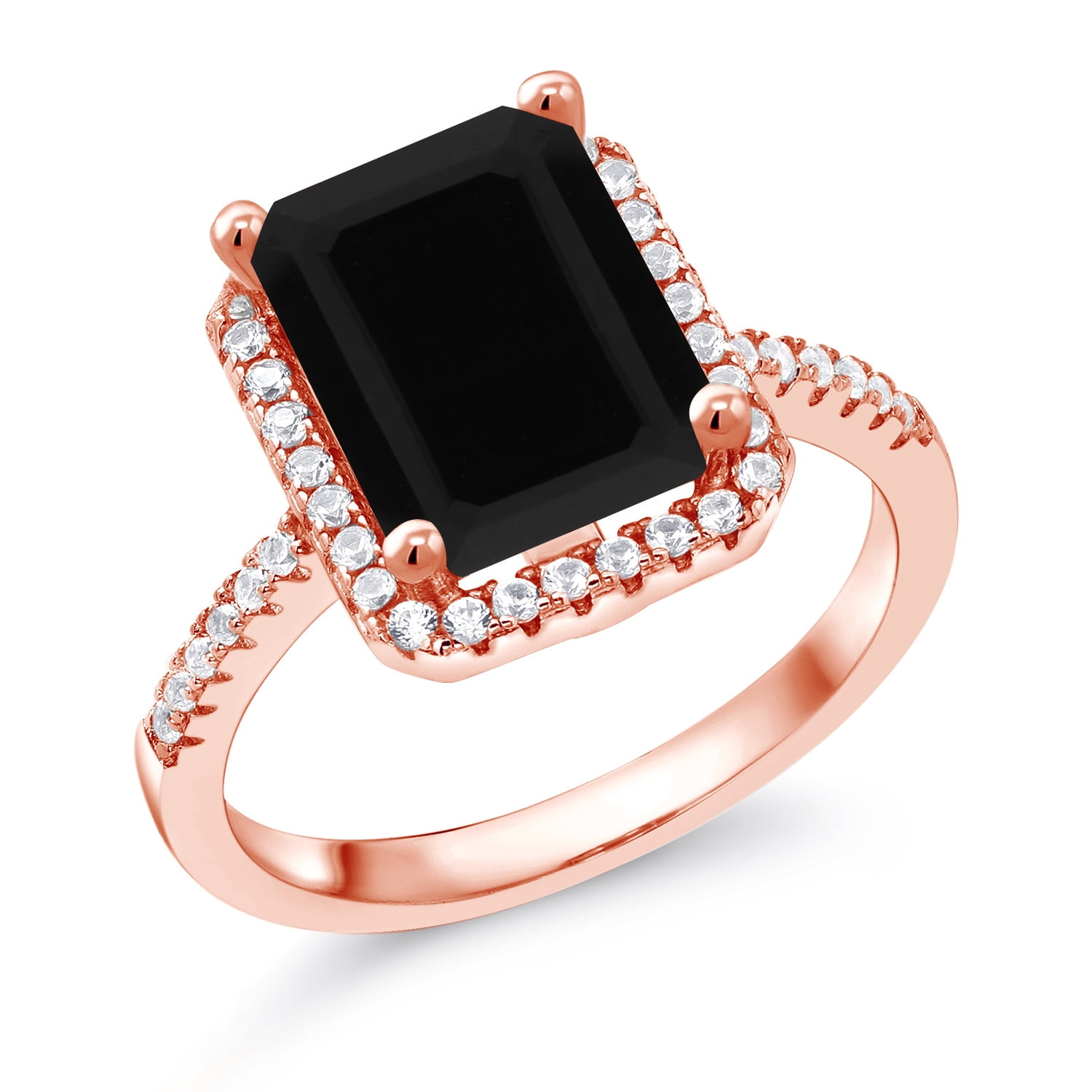 Gem Stone King 18K Rose Gold Plated Silver Black Onyx Engagement Ring for Women (3.49 Cttw, Emerald Cut 10X8MM, Gemstone December Birthstone, Size 7)