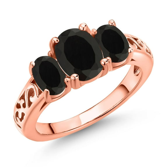 Gem Stone King 18K Rose Gold Plated Silver Black Onyx Filigree Style 3 Stone Ring for Women (2.40 Cttw, Oval 8X6MM and 6X4MM, Size 8)