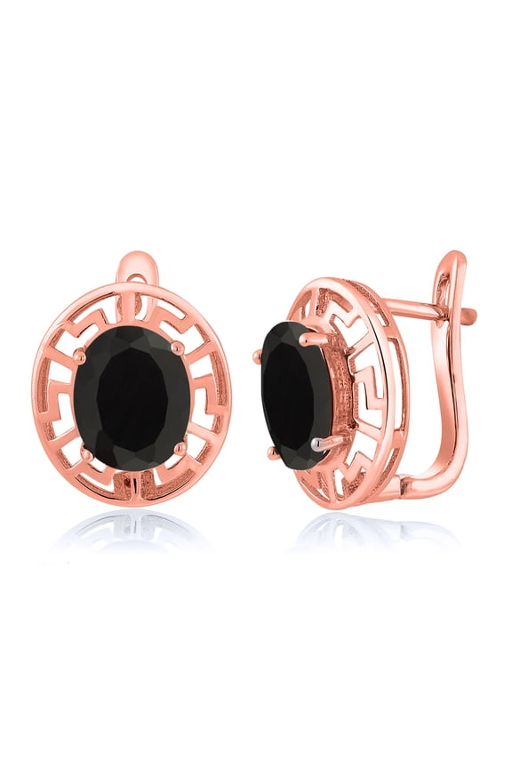 18K Rose Gold Plated Silver Black Onyx Greek Key Earrings for Women (5.00 Cttw, Gemstone December Birthstone, Oval 10X8MM)