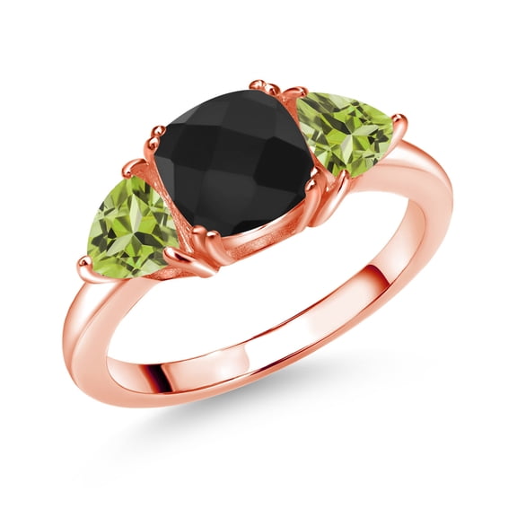 Gem Stone King 18K Rose Gold Plated Silver Black Onyx and Green Peridot 3 Stone Engagement Ring for Women (2.43 Cttw, Gemstone December Birthstone, Size 8)