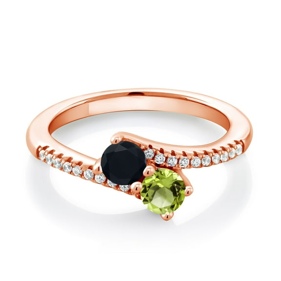 Gem Stone King 18K Rose Gold Plated Silver Black Onyx and Green Peridot Bypass Ring for Women (0.76 Cttw, Gemstone December Birthstone, Round 4MM, Size 8)