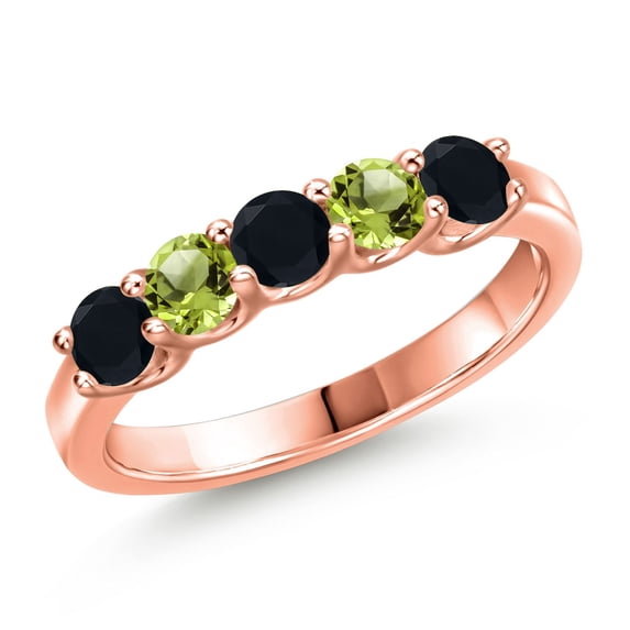 Gem Stone King 18K Rose Gold Plated Silver Black Onyx and Green Peridot Wedding-Bands Ring for Women | 0.80 Cttw | Round 3.5MM | Gemstone December Birthstone | Size 5