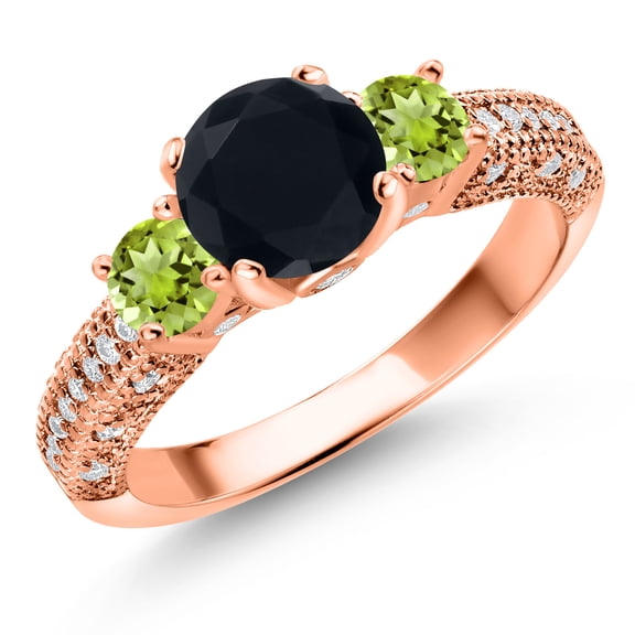 Gem Stone King 18K Rose Gold Plated Silver Black Onyx Green Peridot and White Moissanite Engagement Ring for Women (1.96 Cttw, Gemstone December Birthstone, Round 7MM and 4MM, Size 5)
