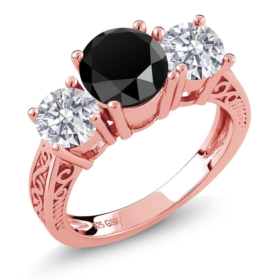 Gem Stone King 18K Rose Gold Plated Silver Black Onyx and Lab Grown Diamond Engagement Ring for Women | 2.28 Cttw | Round 7MM | Gemstone December Birthstone | Size 5