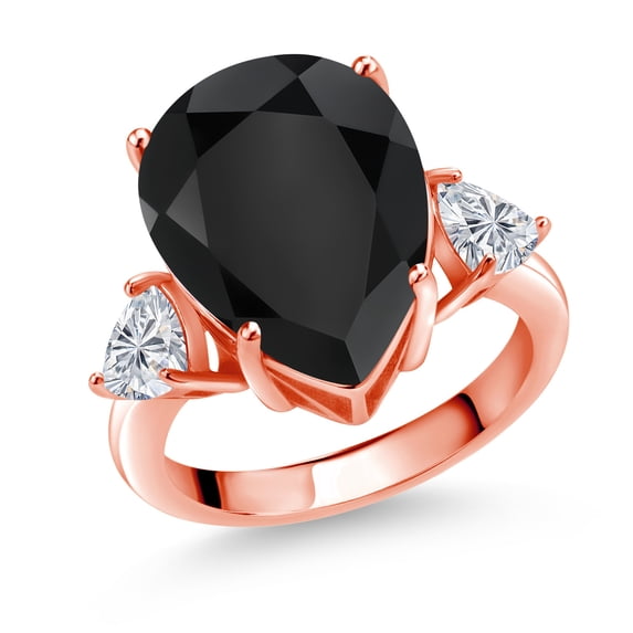 Gem Stone King 18K Rose Gold Plated Silver Black Onyx and Lab Grown Diamond Engagement Ring for Women | 8.11 Cttw | Pear Shape 16X12MM | Gemstone December Birthstone | Size 6
