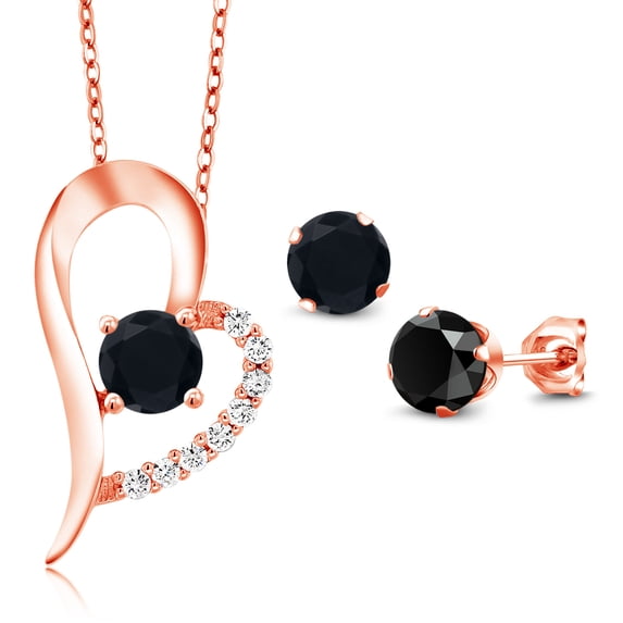 Gem Stone King 18K Rose Gold Plated Silver Black Onyx Pendant and Earrings Jewelry Set for Women (2.72 Cttw, Gemstone December Birthstone, Round 6MM)