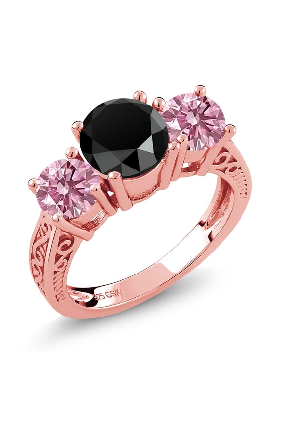 18K Rose Gold Plated Silver Black Onyx and Pink Lab Grown Diamond Engagement Ring for Women | 2.28 Cttw | Round 7MM | Gemstone December Birthstone | Size 5