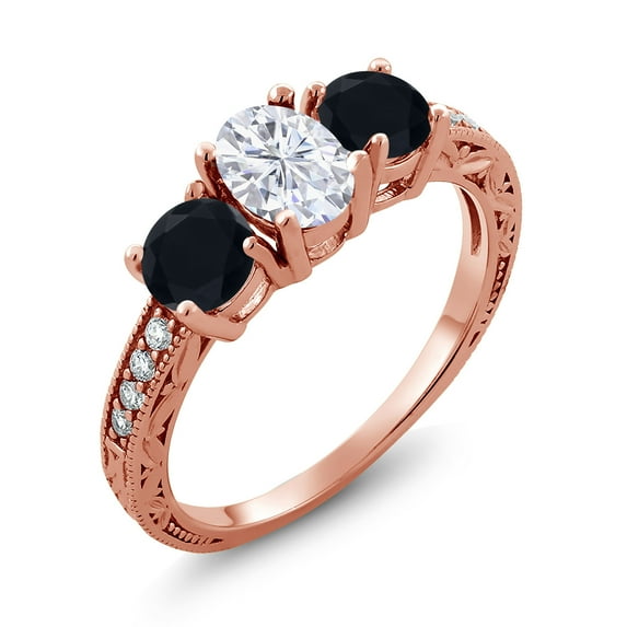 Gem Stone King 18K Rose Gold Plated Silver Black Onyx Ring Set with Moissanite (1.97 Cttw) (Size 9)