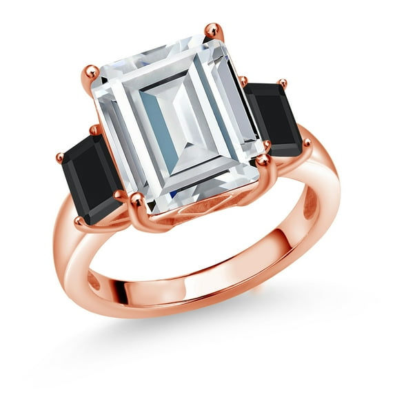 Gem Stone King 18K Rose Gold Plated Silver Black Onyx Ring Set with Moissanite (8.50 Cttw) (Size 6)